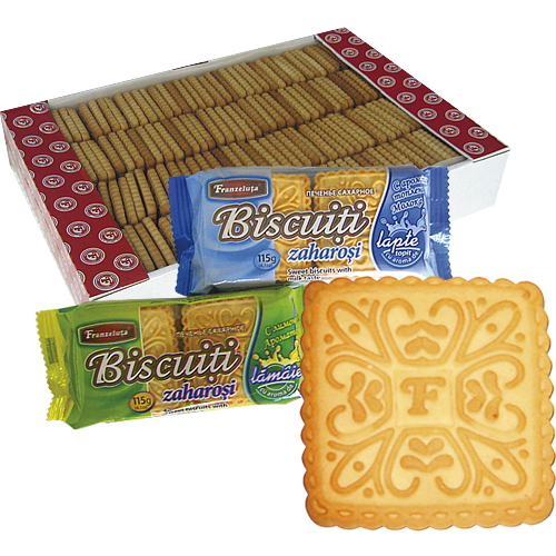Biscuiți clasici de formă patrată, se fabrică de două feluri: cu aromă de lămâie, cu aromă de lapte ...